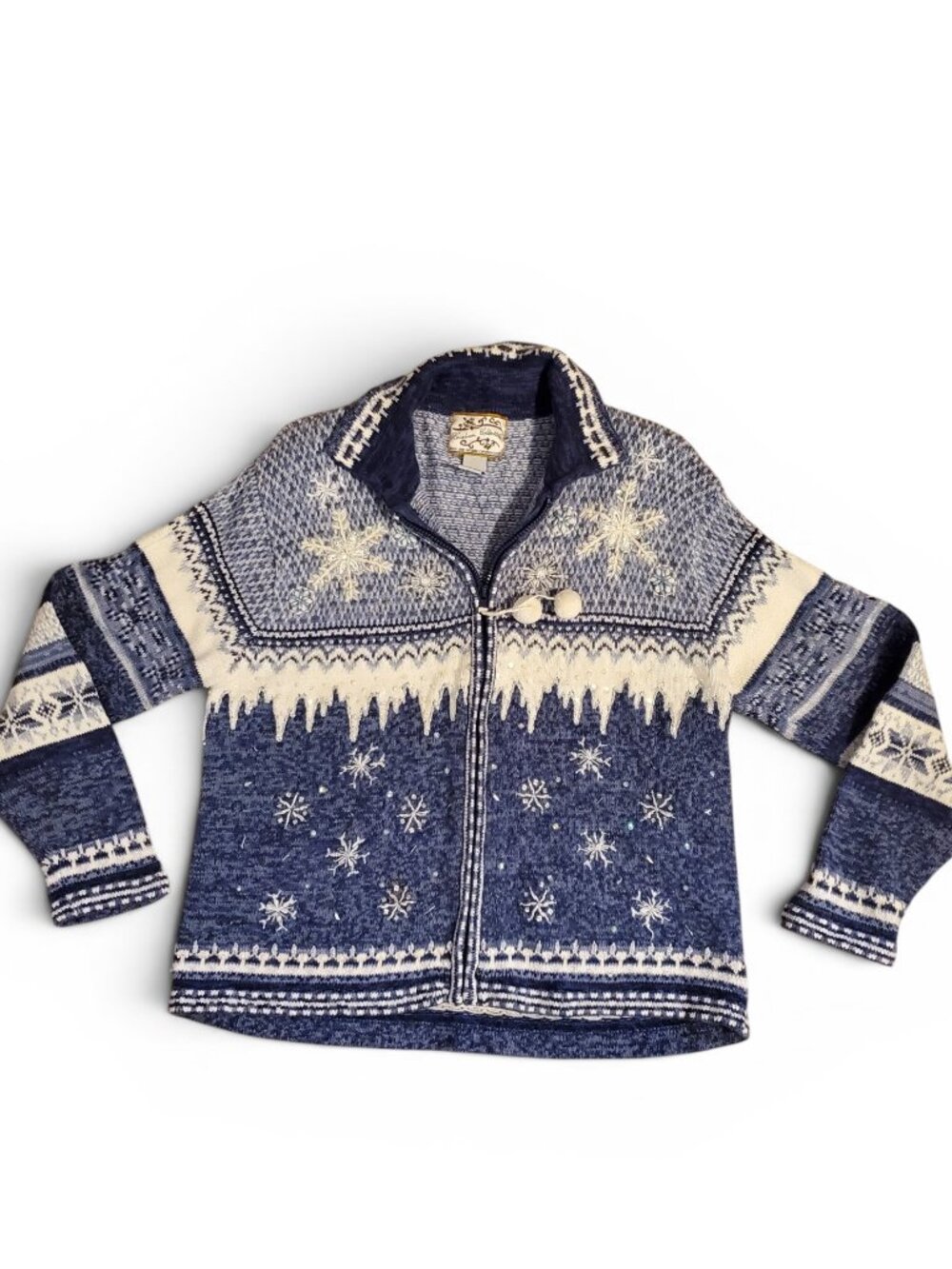 Vintage Y2K Heirloom Collectibles Ice Queen Snow Flake Zip Up Sweater Blue White